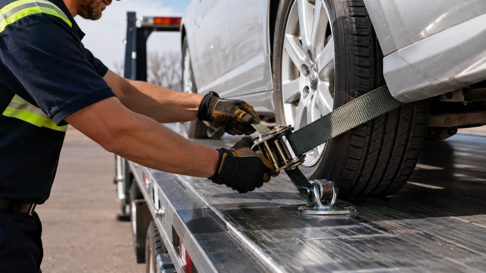 Towing operator securing a passenger car to a flatbed with professional wheel straps in Gary, Indiana