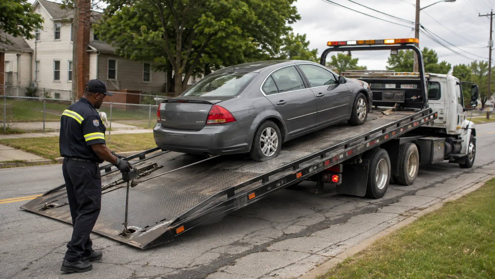 Disabled car loaded onto a flatbed tow truck in Gary, Indiana