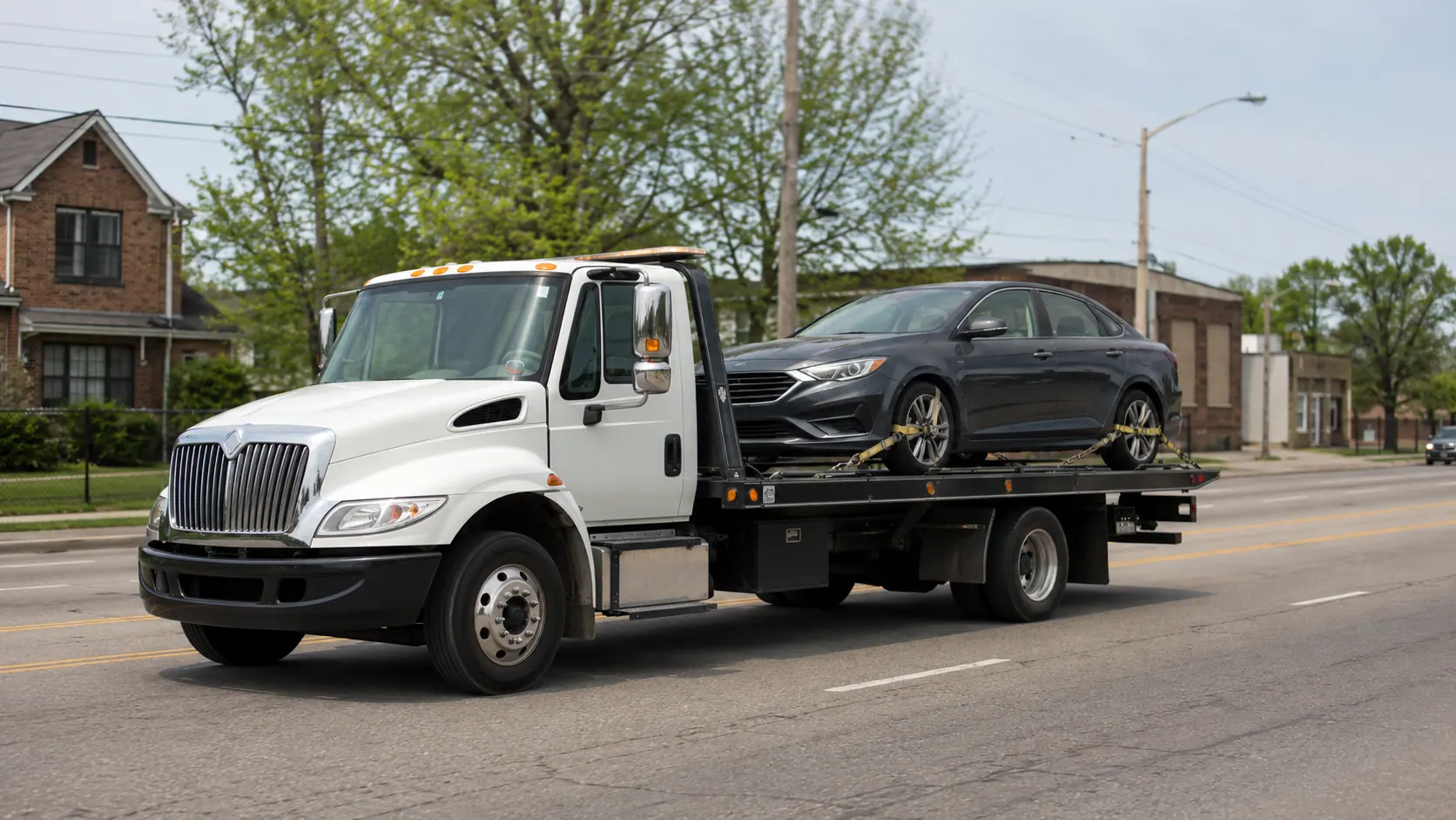 Flatbed tow truck transporting a securely strapped passenger car along a local roadway in Gary, Indiana
