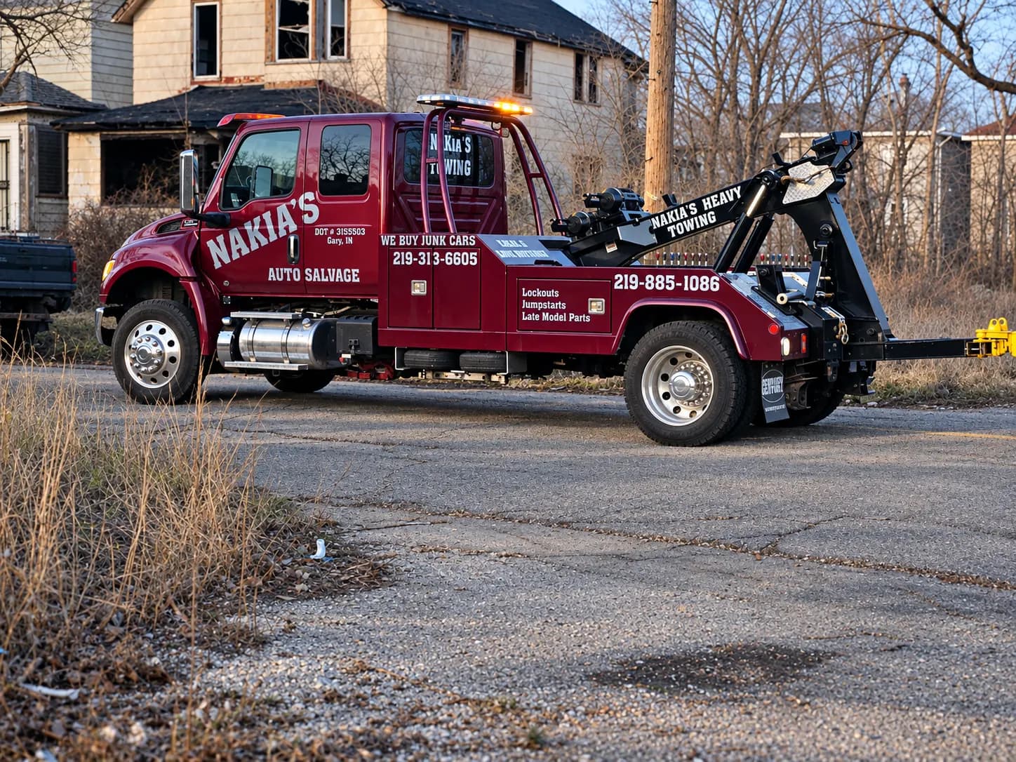 Nakia's wrecker tow truck parked on a Gary street